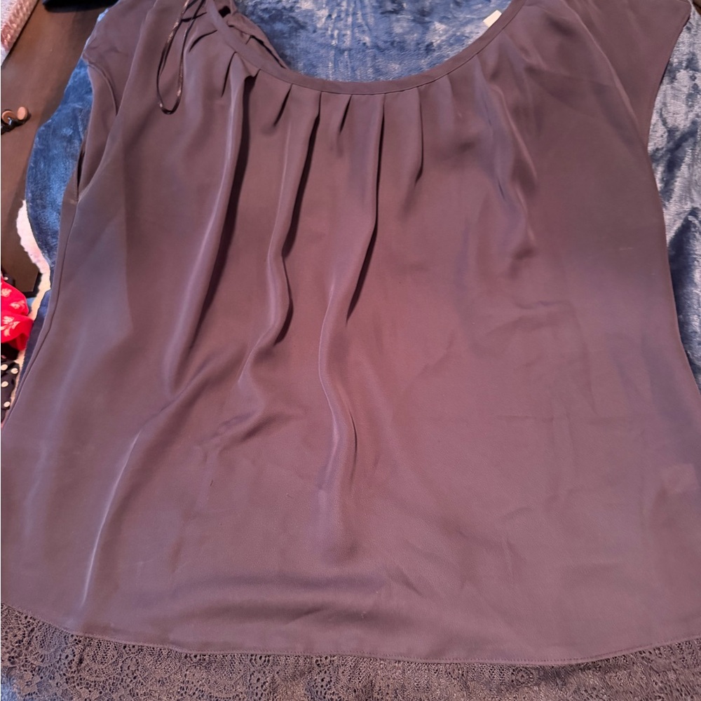 LC Lauren Conrad Navy Blue Sleeveless Pleated Neck Blouse